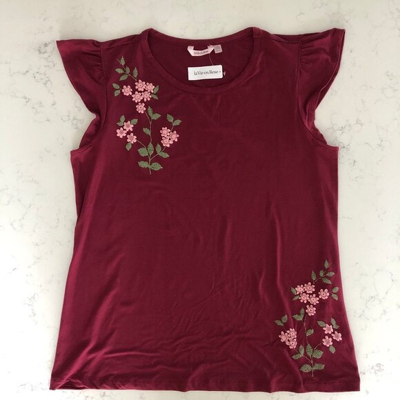 la Vie en Rose Scoop Neck Gathered Cap Sleeve PJ Top Burgundy + Pink Sz M NWT - Picture 1 of 10
